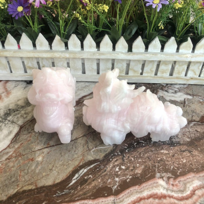 Cặp Tỳ Hưu phong thủy đá thạch anh hồng - Dài 15 cm