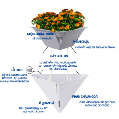 Chậu tự tưới treo tường tam giác MONROVIA K104, chất liệu PP, móc treo tiện lợi, trồng hoa, cây cảnh