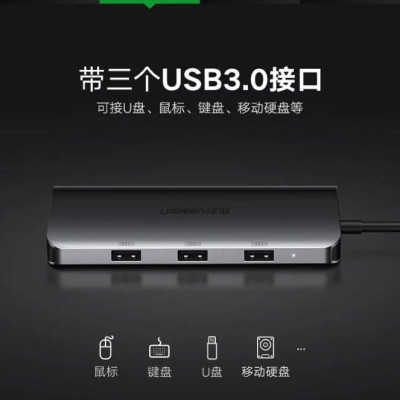 Ugreen UG50319CM163TK Bộ chuyển đổi TYPE C sang 3 USB 3.0 + HDMI + VGA + hỗ trợ nguồn TYPE C - HÀNG CHÍNH HÃNG