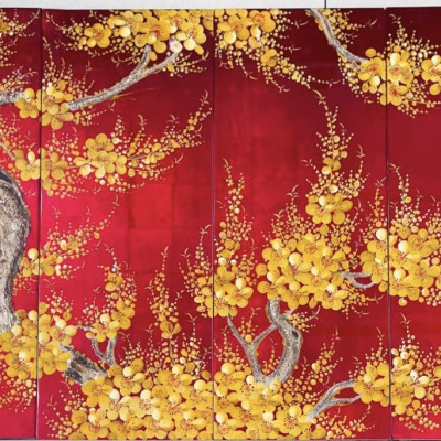 Bộ Tranh 4 tấm sơn mài HOA ĐÀO/ MAI cẩn trứng thích hợp trang trí nhà cửa, văn phòng, làm quà tặng,,....