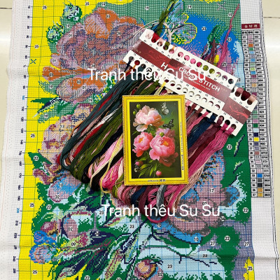 Tranh thêu kín Hoa mẫu đơn DX1414, kích thước 55 x 70 cm