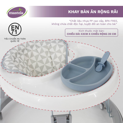 Xe tập đi cho bé có đồ chơi và nhạc Mastela W2002, bánh xe cao su hãm di chuyển theo quán tính siêu nhẹ xoay 360 độ mặt bàn ăn dặm, bánh xe silicon chống ồn - Tiêu chuẩn JIS Nhật Bản