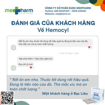 Hemocyl-TPBVSK: Giải pháp đột phá trong quản lý bệnh trĩ mà không cần phẫu thuật-Hỗ trợ cải thiện triệu chứng: đau rát, ngứa, chảy máu khi đi ngoài do trĩ. Ức chế sự phát triển vi sinh vật giúp hỗ trợ cải thiện nguy cơ nhiễm trùng thứ phát tại búi trĩ.