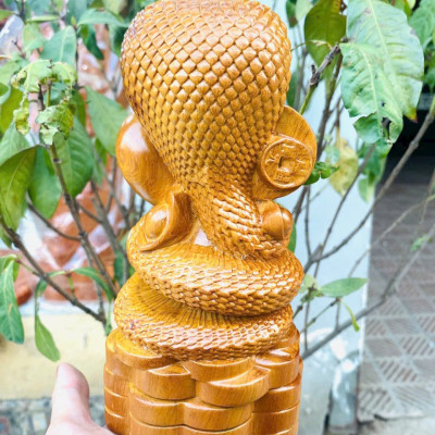 Tượng con rắn phong thủy cầu tài lộc bằng gỗ bách xanh cao 20x10x8cm 