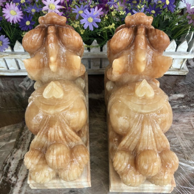 Cặp Tỳ Hưu phong thủy đá cẩm thạch vân gỗ có đế - Dài 25 cm