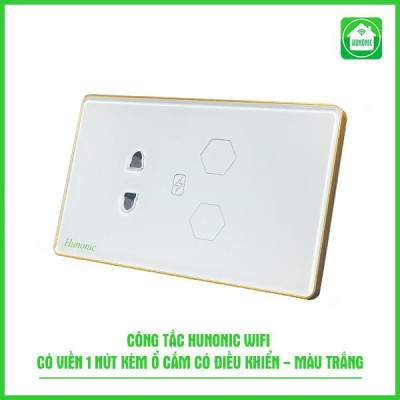 Công Tắc 2 Nút Wifi Kèm Ổ Cắm Hunonic Viền Vàng Bật Tắt Từ Xa Trên Điện Thoại & Ra Lệnh Giọng Nói