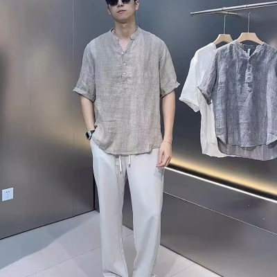 Áo sơ mi đũi trơn ngắn tay nam phối cúc đơn giản tinh tế, thanh lịch