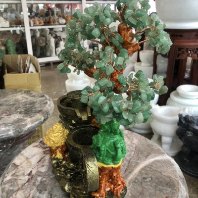 Cây Tài Lộc với tiểu cảnh thiềm thừ cóc ngậm tiền và tỳ hưu phong thủy đá thạch anh xanh - Cao 30 cm