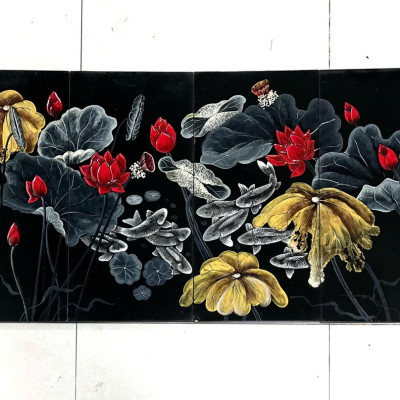 Bộ Tranh sơn mài Thanh Bình Lê 4 tấm- Hoa Sen  đắp nổi 3D size 60x120 cm hàng xuất khẩu