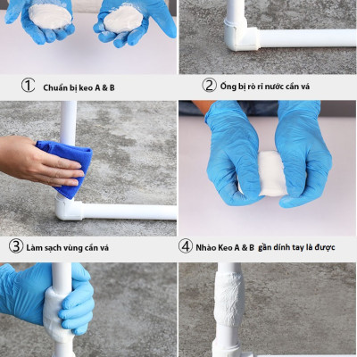 Keo dán 2 thành phần loại 250g đất sét AB chống thấm, chống rò rỉ nước Doconu. Tặng kèm bao tay và đồ trét