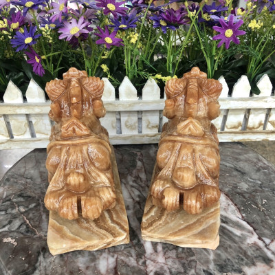 Cặp Tỳ Hưu phong thủy đá cẩm thạch vân gỗ có đế - Dài 15 cm