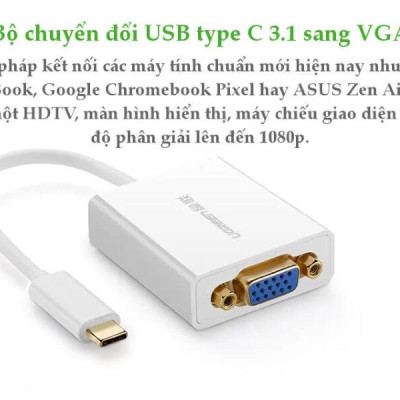 Ugreen UG4027440274TK 15CM màu Trắng Bộ chuyển đổi TYPE C sang VGA vỏ bọc nhựa ABS - HÀNG CHÍNH HÃNG
