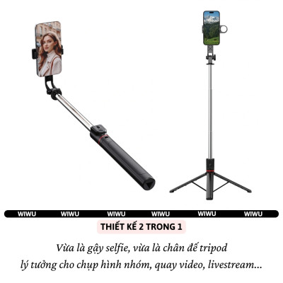 Gậy chụp ảnh selfie tự sướng kiêm tripod 3 chân, đèn Flash trợ sáng hiệu WlWU Wi-SEO15 - Tích hợp remote control bluetooth, Xoay 360 độ, thân nhôm, kéo dài 1,8m, chắc chắn, bền bỉ, gập gọn, pin sạc type C cho iPhone Oppo Samsung - Hàng nhập khẩu
