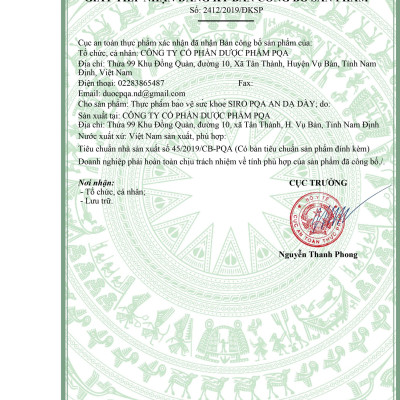 PQA An Dạ Dày là dược phẩm siro thảo dược dùng cho người bị viêm loét dạ dày, tá tràng có tác dụng hỗ trợ  hạn chế axit dịch vị, bảo vệ niêm mạc dạ dày, viêm loét dạ dày, tá tràng.
