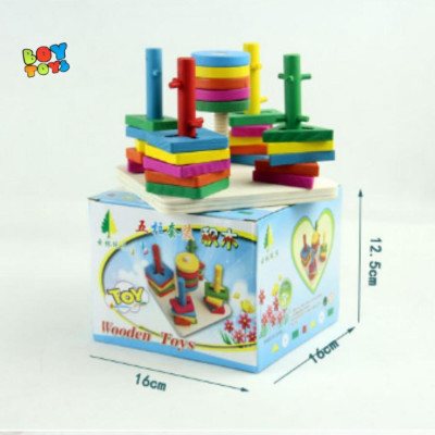 Đồ Chơi Gỗ Luyện Tay Luồn Cọc Thông Minh - Thả Hình Khối Trên 5 Cột Trụ Đa Dạng Cho Bé