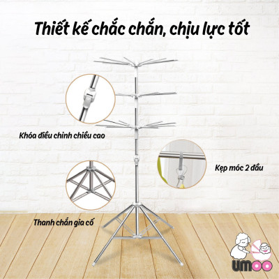 Cây phơi đồ thông minh đa năng CAO CẤP inox 3 tầng phù hợp treo đồ cho bé + tặng kèm 56 kẹp phơi đồ