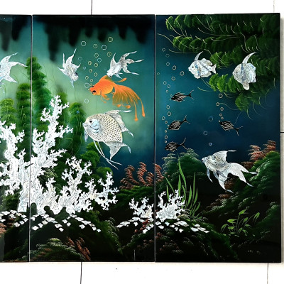 Bộ Tranh sơn mài 4 tấm - QUẦN NGƯ HỘI TỤ size 80x160 cm hàng cao cấp dày dặn xuất khẩu