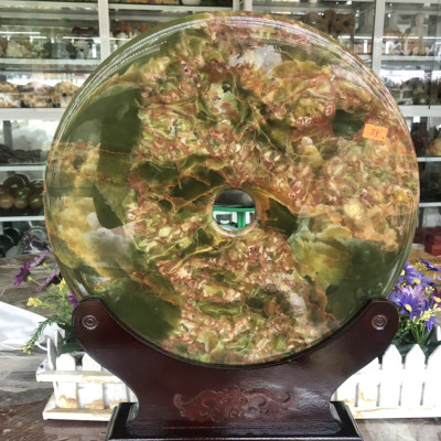 Đồng điếu (đồng tiền ) phong thủy đá ngọc Onyx xanh đậm - Đường kính 35 cm