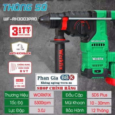 Máy khoan đục bê tông pin WORKFIX WF-RH3003PRO, Anti-kickback, giảm rung chấn RVT, 3 chức năng, 6 tốc độ