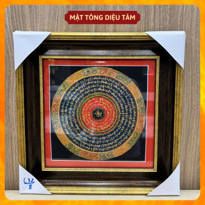 Tranh Mandala Chú Om Mani Padme Hum kèm khung 32cm Vẽ Tay Thủ Công Nepal Tranh chú lục tự chân ngôn Mật tông Diệu Tâm