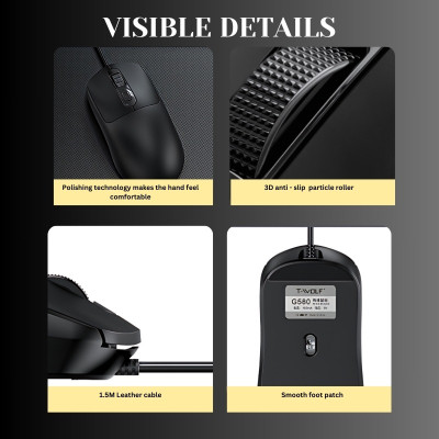 Chuột T-WOLF G580 Black LED RGB USB Gaming (Black,white/USB/1600dpi/4 key/1.5m) - Hàng Chính Hãng