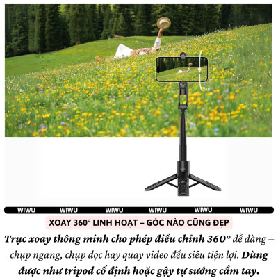 Gậy chụp ảnh selfie tự sướng từ tính nam châm magnetic kiêm tripod 3 chânđộ hiệu WlWU Wi-SEO14 remote bluetooth Xoay 360 độ, gập gọn, pin sạc type C - Hàng nhập khẩu