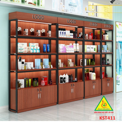 Kệ trưng bày sản phẩm, hàng hóa , kệ trang trí khung sắt mặt gỗ KST411- Nội thất lắp ráp Viễn Đông Adv