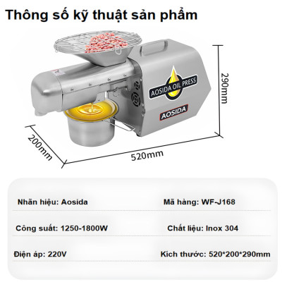 Máy Ép Dầu Nóng-Lạnh WF-J168 AOSIDA Thương Hiệu Cao Cấp Anh Quốc, 1800W, Ép 5-8kg/giờ - Hàng Nhập Khẩu (Bảo Hành 12 Tháng)