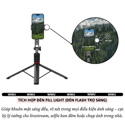 Gậy chụp ảnh selfie tự sướng kiêm tripod 3 chân, đèn Flash trợ sáng hiệu WlWU Wi-SEO15 - Tích hợp remote control bluetooth, Xoay 360 độ, thân nhôm, kéo dài 1,8m, chắc chắn, bền bỉ, gập gọn, pin sạc type C cho iPhone Oppo Samsung - Hàng nhập khẩu