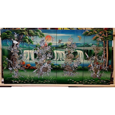 TRANH KHẢM TRAI SƠN MÀI - MAI LAN CÚC TRÚC ( Nền màu xanh)