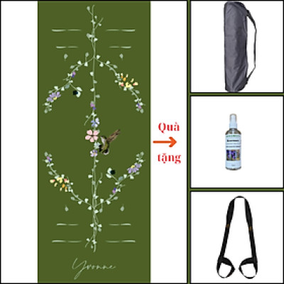 Thảm tập yoga chính hãng Yvonne, Hummingbird (Green Moss) - TẶNG KÈM 3 PHẦN QUÀ - dày 6mm bề mặt nhám, siêu bám, chống trơn trượt, ưa mồ hôi
