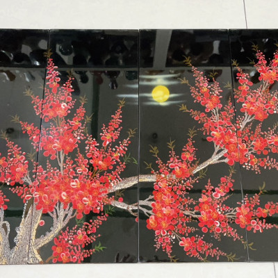 Bộ Tranh 4 tấm sơn mài HOA ĐÀO/ MAI cẩn trứng thích hợp trang trí nhà cửa, văn phòng, làm quà tặng,,....