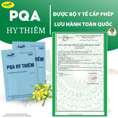 PQA Hy Thiêm là dược phẩm thảo dược giúp bổ huyết,mạnh gân cốt, hỗ trợ đau nhức xương khớp cho người bị phong thấp, đau nhức xương khớp.