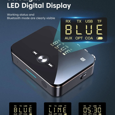 ROGTZ - Bộ Thu Phát Bluetooth Đa Năng M8 NFC, Chip AC6951C, Bluetooth 5.0, Màn Hình LED, Pin Lithium-ion 3.7V/500mAh, 8h, Phạm vi truyền 10m, Kết nối AUX 3.5mm/RCA kép/Coaxial/Optical, Màn LCD, Hỗ Trợ Nhiều Giao Diện - Hàng Chính Hãng