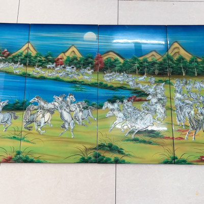 Bộ Tranh sơn mài 4 tấm - BÁCH MÃ ĐỒ BỘ - Size 80X160CM - Khảm cừ cao cấp