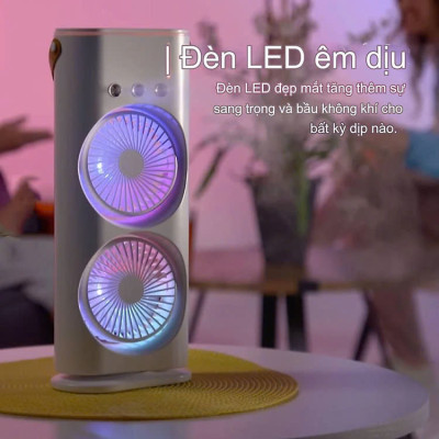 Quạt Hơi Nước Có Tích Điện, Quạt Phun Sương Mini 4 cánh, Quạt Để Bàn 2 Tầng Có Đèn Led, remote Tiện Lợi - Hàng Chính Hãng Double ended Spray Fan, Máy tạo ẩm