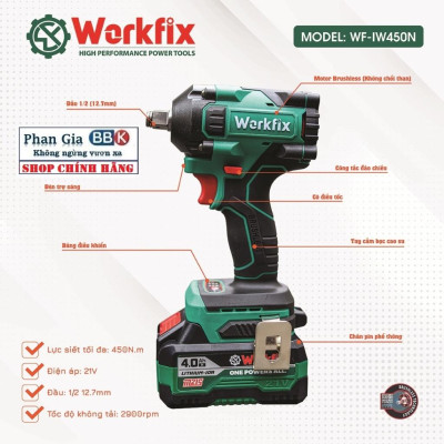 Máy Siết Bulong Pin 21V WORKFIX Pin 10 Cell - Lực Siết 450Nm 100% Lõi Đồng Động Cơ Không Chổi Than (Bảo Hành 1 Năm)