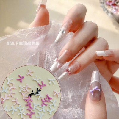 Set 50 Chiếc Charm Nơ Nhựa Nổi 3D SJY Mẫu Mới Làm Nail Siêu Xinh, Nơ Nút Thắt Ruy Băng Mix Màu Trắng Hồng Đen Size Mini Trang Trí Móng Hàn Quốc