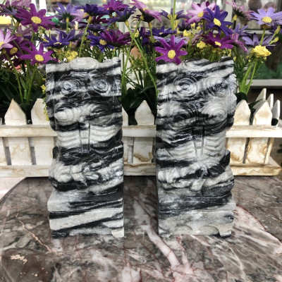 Cặp Kỳ Lân phong thủy đá cẩm thạch vân đen - Cao 15 cm