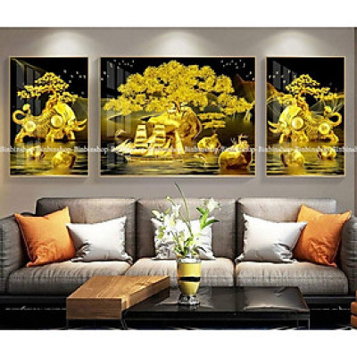 Tranh treo tường tráng gương trâu vàng tranh bo viền tranh phòng khách kèm đinh treo