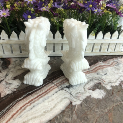 Cặp Cá Chép hóa Rồng phong thủy đá cẩm thạch trắng - Cao 15 cm