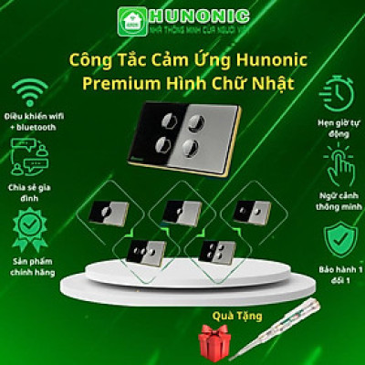 Công Tắc Cảm Ứng Hunonic Premium Hình Chữ Nhật Viền Vàng, Công Tắc Thông Minh Wifi Điều Khiển Từ Xa Bằng Điện Thoại