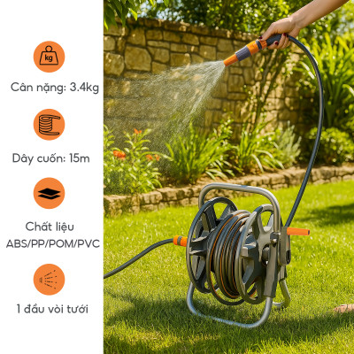 Bộ vòi nước tưới cây rửa xe đa năng Lebenlang LBLB3364 dây dài 15m, 1 đầu tưới, dây cuốn trợ năng - hàng chính hãng