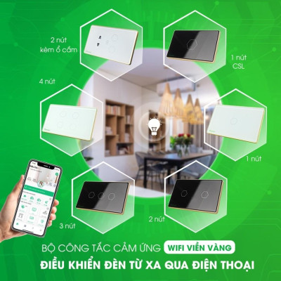 Công Tắc 2 Nút Wifi Kèm Ổ Cắm Hunonic Viền Vàng Bật Tắt Từ Xa Trên Điện Thoại & Ra Lệnh Giọng Nói
