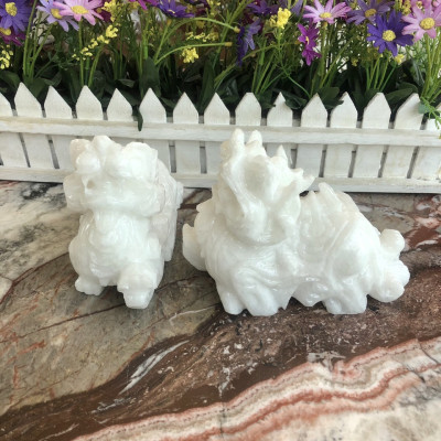 Cặp Tỳ Hưu phong thủy đá cẩm thạch trắng - Dài 15 cm