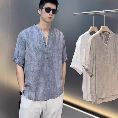 Áo sơ mi đũi nam retro ngắn tay cổ tàu mẫu mới cao cấp