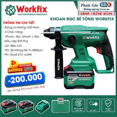 Khoan Bê Tông Pin Workfix 21v-Model: WF-RH2603-3 Chức năng - Pin 15 cell- Bảo hành chính hãƞg.