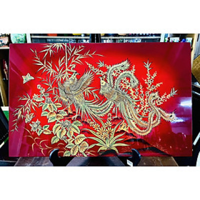Tranh Sơn Mài - ĐÔI CHIM PHỤNG HOÀNG - Nền Đỏ Rực Rỡ | Size 50x80 cm | Sang Trọng – May Mắn – Phong Thủy