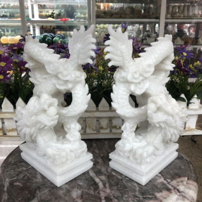 Cặp Rồng đứng phong thủy đá cẩm thạch trắng - Cao 23 cm