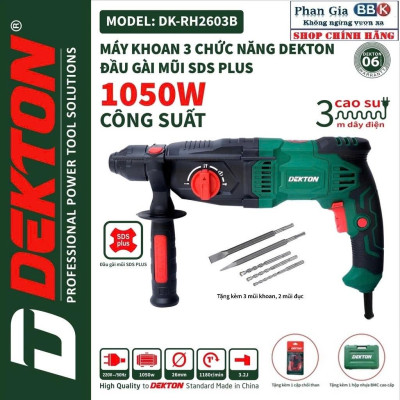 Máy khoan đục bê tông 2chức năng DEKTON DK-2603B, Công suất 1050w ,Tặng kèm 5 mũi, Bảo hành 12 tháng